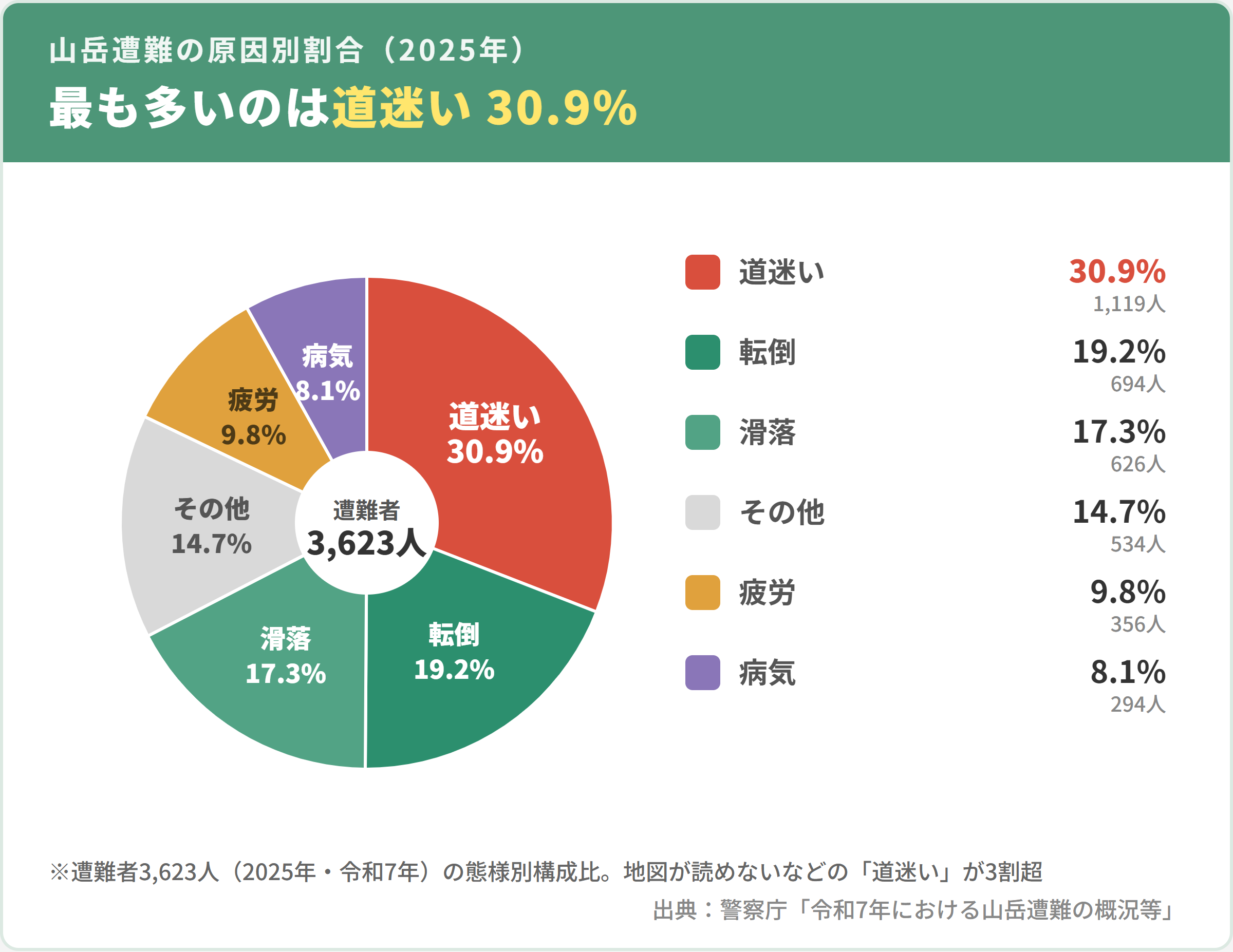 山岳遭難の原因別割合（2025年・令和7年、遭難者3,623人。道迷い30.9%が最多、次いで転倒19.2%、滑落17.3%。警察庁統計）