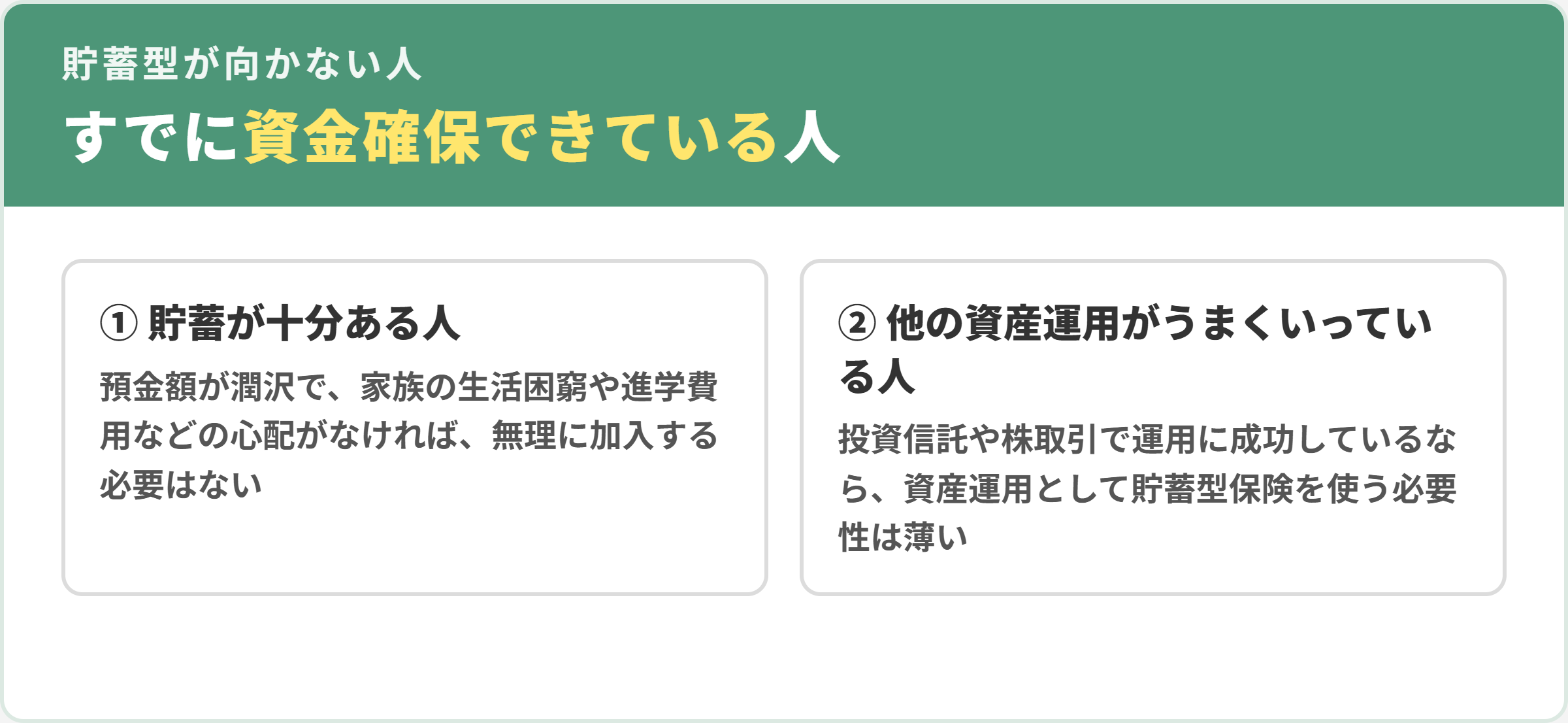 貯蓄型生命保険にあまり向いていない人。1貯蓄が十分ある人、2投資信託や株取引など他の資産運用がうまくいっている人