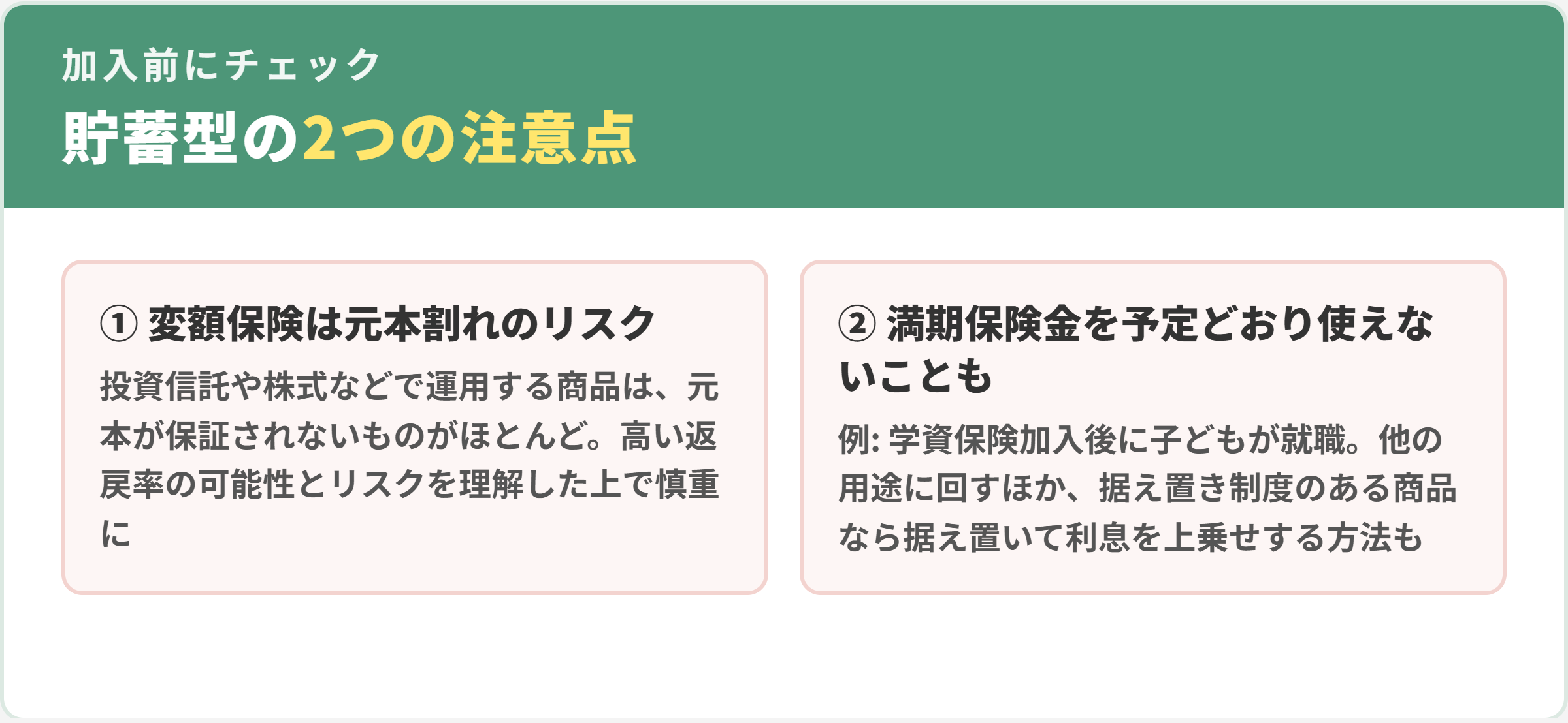 貯蓄型生命保険の2つの注意点。1変額保険は元本割れのリスクがある、2満期保険金を予定どおり使えない場合もある(据え置き制度のある商品も)