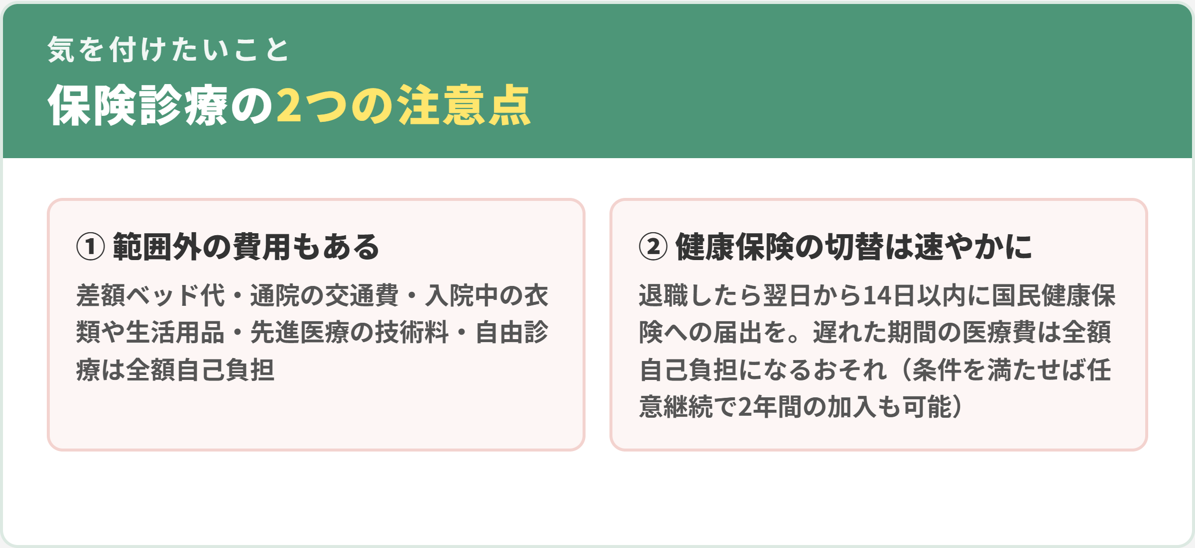 保険診療の2つの注意点。1差額ベッド代や先進医療の技術料など範囲外の費用がある、2健康保険の切替は退職翌日から14日以内に速やかに行う