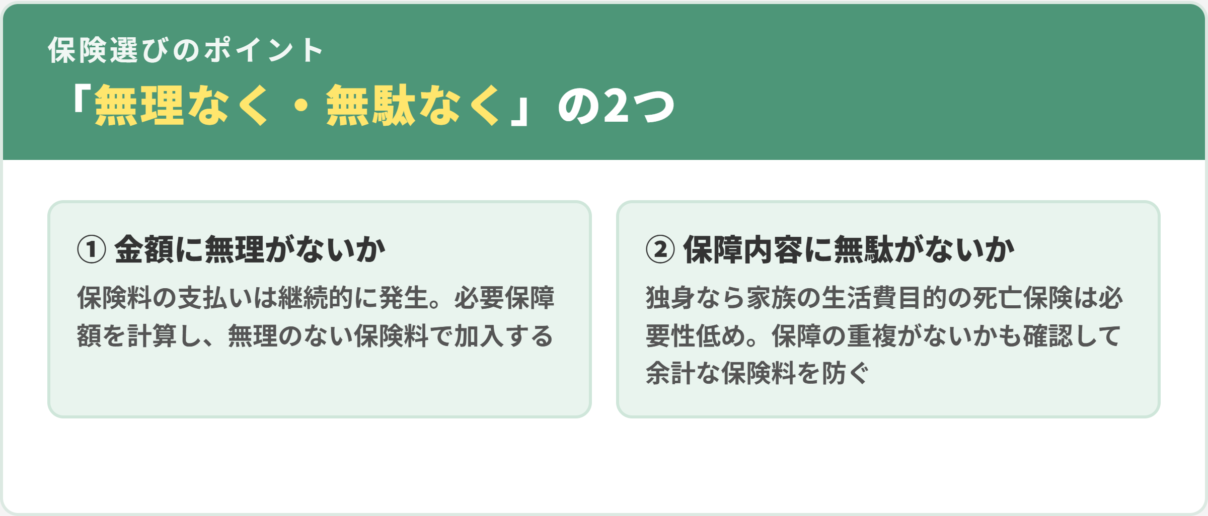 新社会人が保険を選ぶ2つのポイント。1金額に無理がないか、2保障内容に無駄がないか