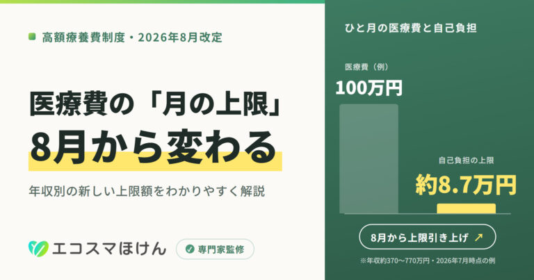 高額療養費制度・2026年8月改定のカバー。ひと月の医療費100万円の例で自己負担の上限は約8.7万円（年収約370万〜770万円・2026年7月時点）、8月から上限引き上げ。年収別の新しい上限額をわかりやすく解説